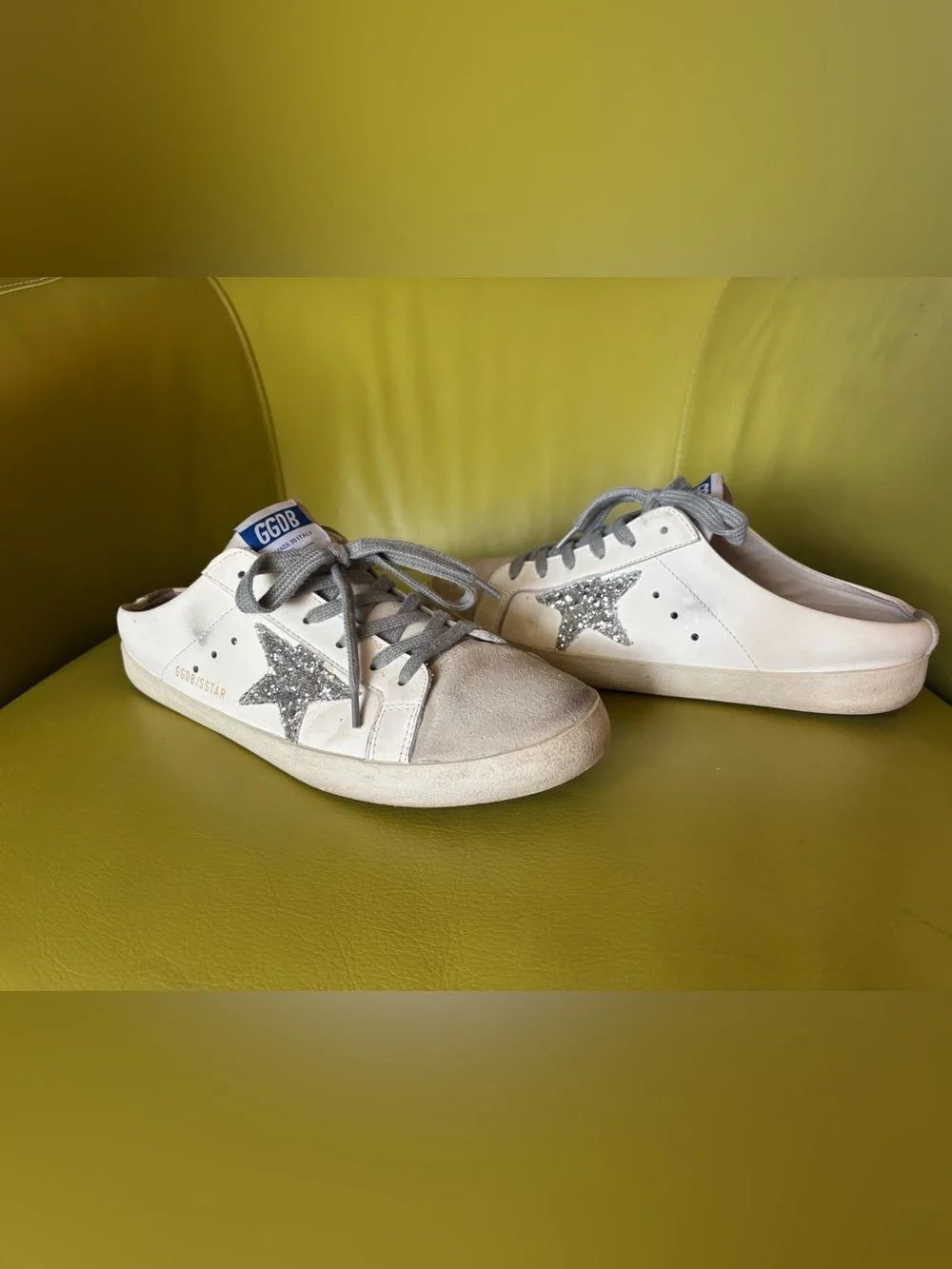 Golden Goose Inspired Super-Star Mule Sneakers White Silver Glitter Star Slip On